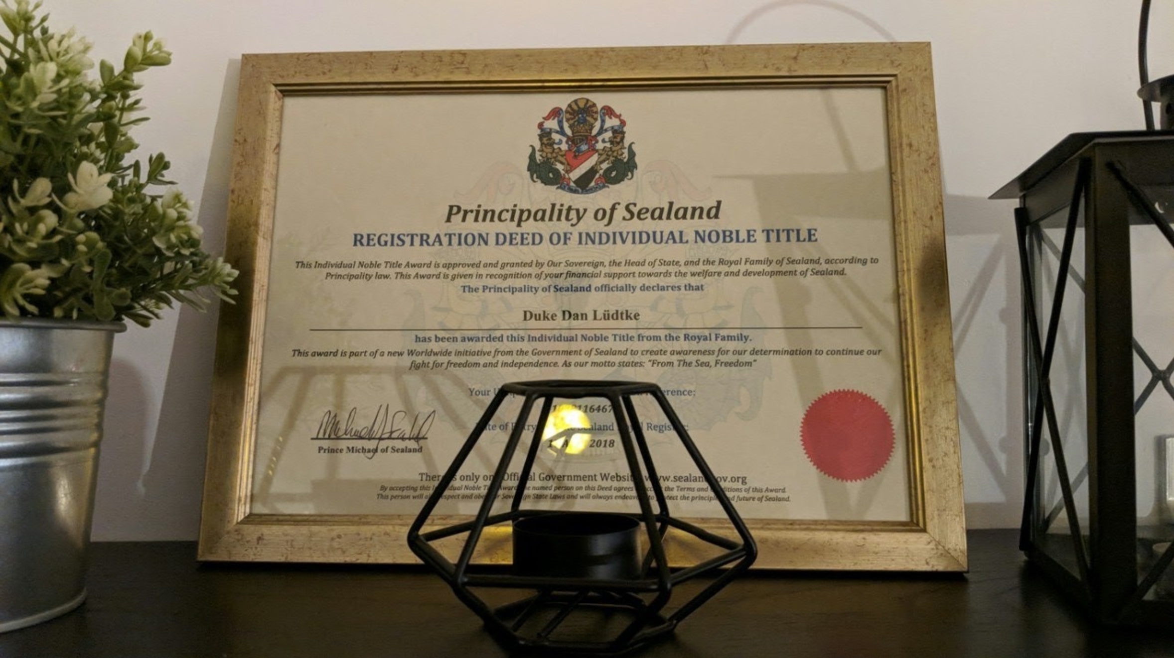 duke of sealand certificate
